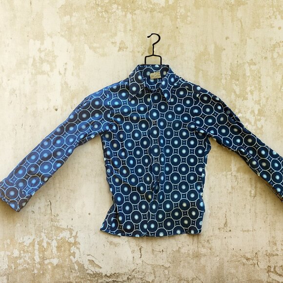 Men's Retro 70s Vintage Disco Blue White Long Sleeve Button Up Shirt Size Small - Picture 2 of 4